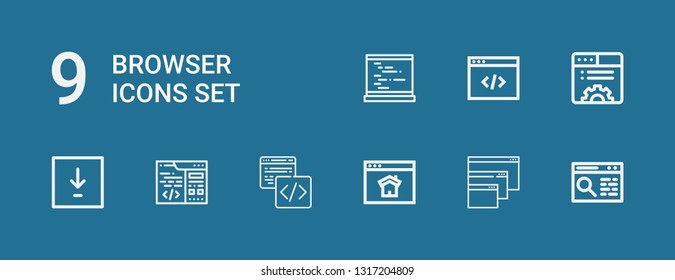 Editable 9 browser icons for web and mobile. Set of browser included icons line Browser, Homepage, Code, Coding, Download on blue background