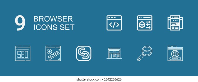 Editable 9 browser icons for web and mobile. Set of browser included icons line Domain, Search engine, Browser, Safecopy backup, Web site, Html on blue background