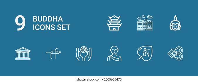 Editable 9 buddha icons for web and mobile. Set of buddha included icons line Thai, Om, Monk, Spiritual, Yoga, Pantheon, Buddha, Pula arena, Pagoda on blue background