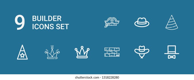 Editable 9 builder icons for web and mobile. Set of builder included icons line Hat, Bricks on blue background