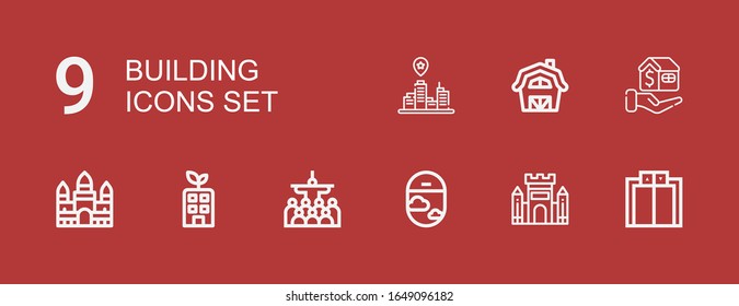 Editable 9 building icons for web and mobile. Set of building included icons line Elevator, Castle, Window, Mass, Building, Angkor wat, Mortgage, Barn, Cityscape on red background