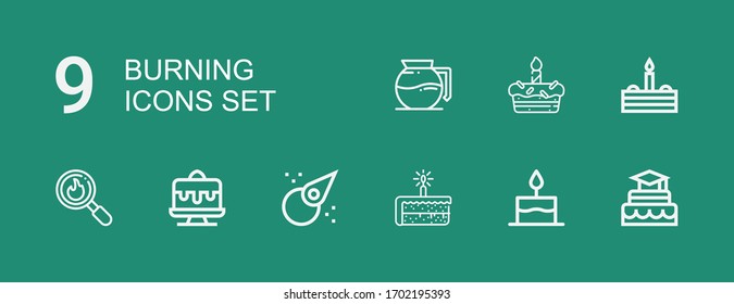 Editable 9 burning icons for web and mobile. Set of burning included icons line Cake, Asteroid, Disaster, Coffee maker on green background