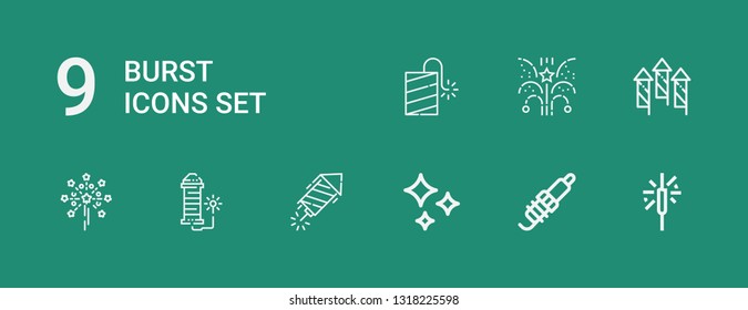 Editable 9 burst icons for web and mobile. Set of burst included icons line Sparkler, Spark, Shines, Petard, Fireworks on green background