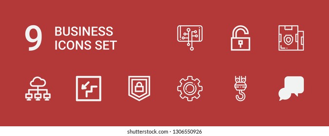 Editable 9 business icons for web and mobile. Set of business included icons line Idea, Hook, Gear, Security, Stairs, Network, Parcel, Unlock, Smartphone on red background