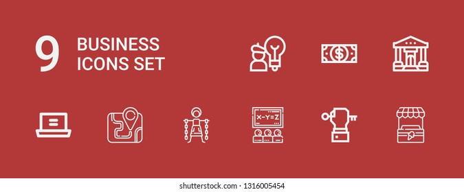 Editable 9 Business Icons For Web And Mobile. Set Of Business Included Icons Line Stand, Key, Class, Slavery, Map, Laptop, Bank, Dollar, Idea On Red Background