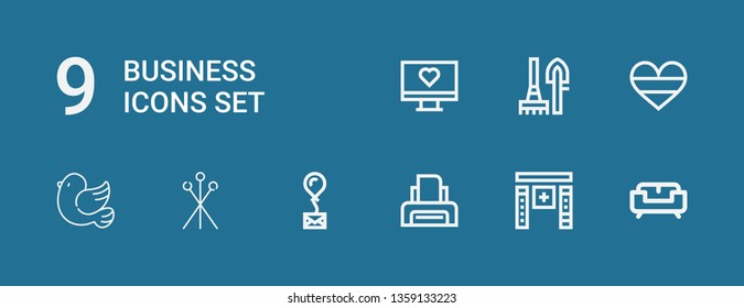 Editable 9 business icons for web and mobile. Set of business included icons line Sofa, Software, Printer, Mail, Pins, Pigeon, Germany, Tools, Monitor on blue background