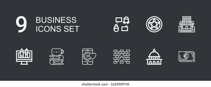 Editable 9 business icons for web and mobile. Set of business included icons line Cash, Capitol, Firewall, Like, Homework, Web design, Building, Data protection on dark background