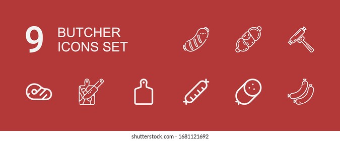 Editable 9 butcher icons for web and mobile. Set of butcher included icons line Sausages, Sausage, Cutting board, Meat on red background