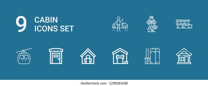 Editable 9 cabin icons for web and mobile. Set of cabin included icons line Wood house, Ski, Dog house, Home, Portable toilets, Cableway, Skier, Shelter on blue background