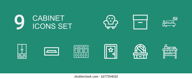 Editable 9 iconos de gabinete para web y móvil. Conjunto de archivadores incluidos iconos línea de noche, mesa de vestir, sala de vestir, archivos, mesa de televisión, armario, dormitorio sobre fondo verde