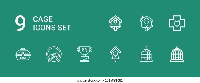 Editable 9 cage icons for web and mobile. Set of cage included icons line Bird cage, Bird house, Pet, Hamster ball, Veterinary on green background