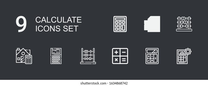 Editable 9 calculate icons for web and mobile. Set of calculate included icons line Calculator, Calculate, Abacus on dark background