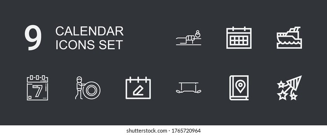 Editable 9 calendar icons for web and mobile. Set of calendar included icons line Confetti, Map book, Exercise, Calendar, Fitness, Events, Yatch on dark background