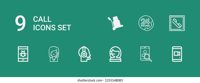 Editable 9 call icons for web and mobile. Set of call included icons line Smartphone, Call center, Customer service, Telephone, Logistic on green background