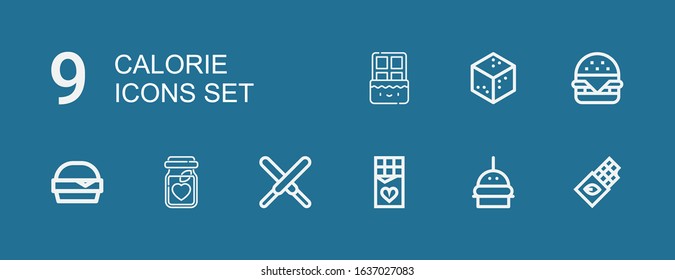 Editable 9 calorie icons for web and mobile. Set of calorie included icons line Chocolate, Burger, Nutrition, Hamburger, Sugar on blue background