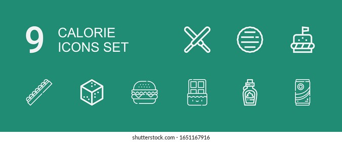 Editable 9 calorie icons for web and mobile. Set of calorie included icons line Chocolate, Burger, Sugar, Hamburger on green background