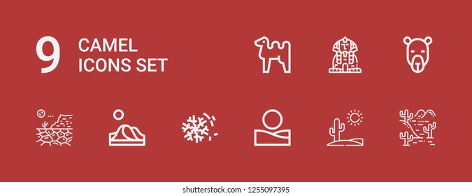 Editable 9 camel icons for web and mobile. Set of camel included icons line Desert, Dune, Camel, Sphinx on red background