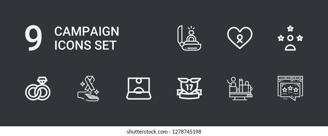 Editable 9 campaign icons for web and mobile. Set of campaign included icons line Influencer, Attraction, Ribbons, Cancer, Engagement on dark background