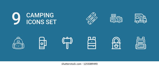Editable 9 camping icons for web and mobile. Set of camping included icons line Backpack, Tinned food, Ax, Thermo, Caravan, Nunchaku on blue background