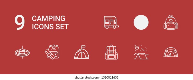 Editable 9 camping icons for web and mobile. Set of camping included icons line Tent, Camping, Backpack, Fishing rod, Caravan on red background