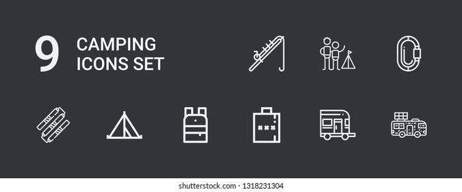 Editable 9 camping icons for web and mobile. Set of camping included icons line Caravan, Hip flask, Backpack, Tent, Nunchaku, Carabiner, Camping, Fishing rod on dark background