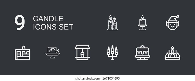 Editable 9 candle icons for web and mobile. Set of candle included icons line Candle, Cake, Well, Elf, Candles on dark background