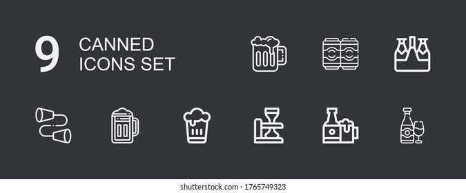 Editable 9 iconos enlatados para web y móvil. Juego de iconos enlatados incluidos línea Cerveza, Cervezas, Tin sobre fondo oscuro