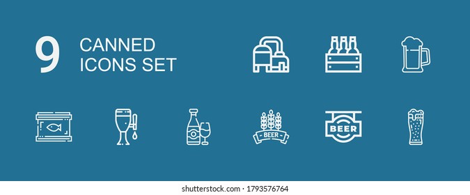 Editable 9 canned icons for web and mobile. Set of canned included icons line Beer, Canned food on blue background