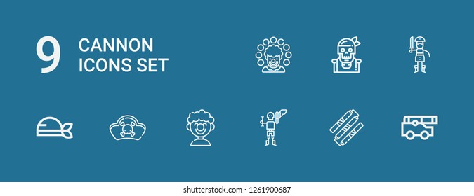 Editable 9 cannon icons for web and mobile. Set of cannon included icons line Cannon, Nunchaku, Pirate, Clown, Pirates on blue background