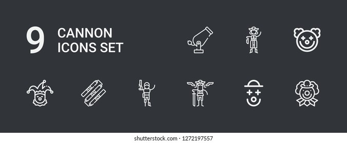 Editable 9 cannon icons for web and mobile. Set of cannon included icons line Clown, Pirates, Pirate, Nunchaku, Cannon on dark background