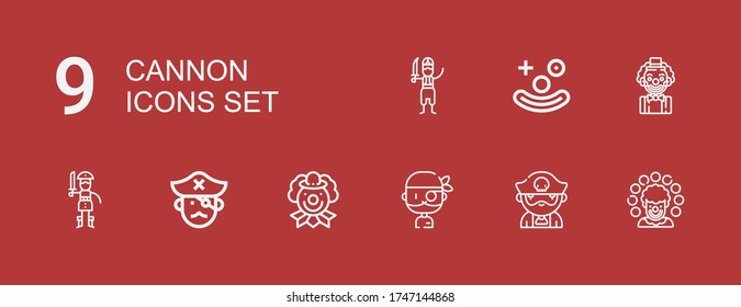 Editable 9 iconos de cañón para web y móvil. Juego de iconos de cañón incluidos línea Payaso, Pirata sobre fondo rojo