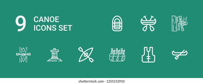 Editable 9 canoe icons for web and mobile. Set of canoe included icons line Canoe, Lifejacket, Rafting, Kayak, Inukshuk, Inflatable boat on green background