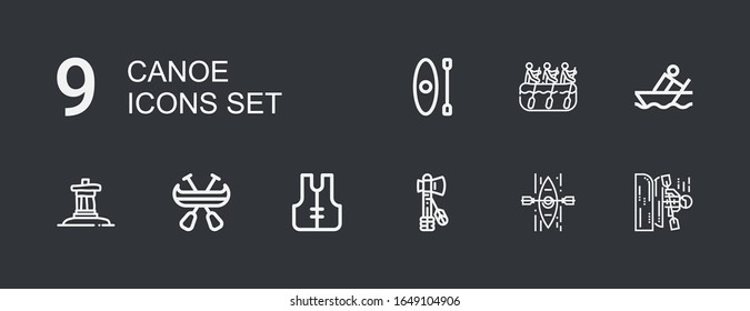Editable 9 canoe icons for web and mobile. Set of canoe included icons line Kayak, Tomahawk, Lifejacket, Canoe, Inukshuk, Rowing, Rafting on dark background
