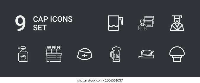 Editable 9 cap icons for web and mobile. Set of cap included icons line Mushroom, Hat, Beer, Shampoo, Graduation, Student, Jar on dark background