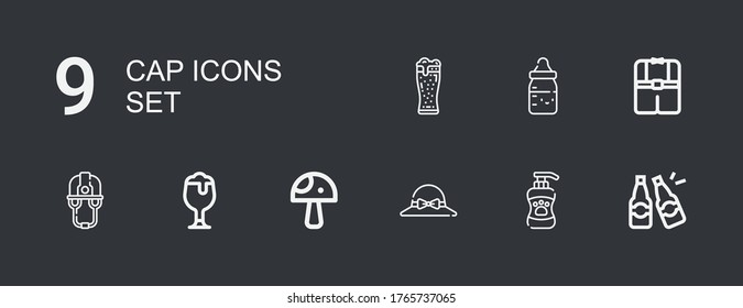 Editable 9 cap icons for web and mobile. Set of cap included icons line Beers, Shampoo, Hat, Mushroom, Beer, Helmet, Clothes, Feeding bottle on dark background