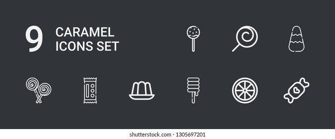 Editable 9 caramel icons for web and mobile. Set of caramel included icons line Candy, Sweet, Jelly, Lollipop on dark background
