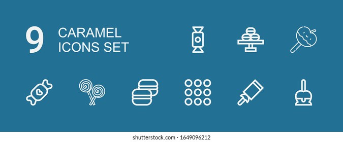 Editable 9 caramel icons for web and mobile. Set of caramel included icons line Candy, Caramel, Macaron, Lollipop, Caramelized apple on blue background