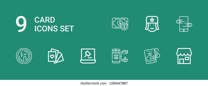 Editable 9 card icons for web and mobile. Set of card included icons line Shop, Invitation, Online shopping, Auction, Cards, Dollar, Online store, Russian on green background