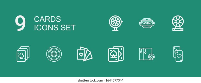 Editable 9 cards icons for web and mobile. Set of cards included icons line Cards, Playing Roulette, Casino on green background