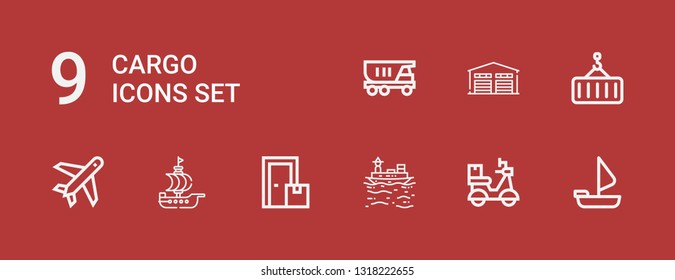Editable 9 cargo icons for web and mobile. Set of cargo included icons line Sailing boat, Delivery, Boat, Box, Ship, Plane, Crane, Warehouse, Truck on red background