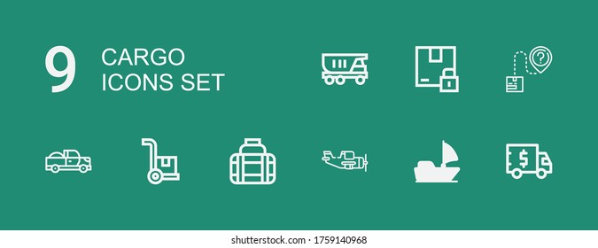 Editable 9 cargo icons for web and mobile. Set of cargo included icons line Truck, Sail boat, Aeroplane, Transport, Cargo, Pick up, Package on green background