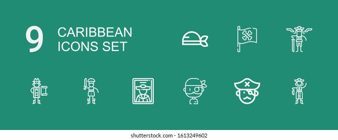 Editable 9 caribbean icons for web and mobile. Set of caribbean included icons line Pirate, Pirates, Pirate flag on green background