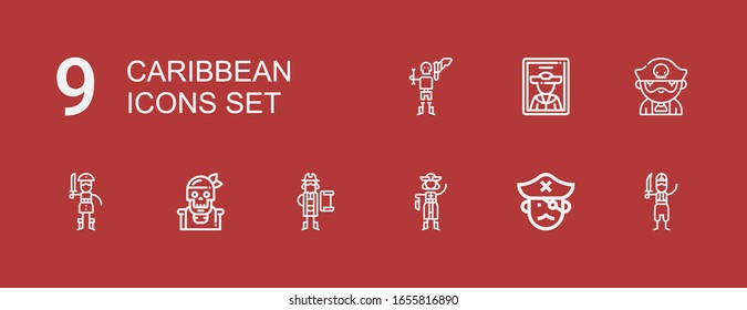 Editable 9 iconos caribeños para web y móvil. Conjunto de iconos caribeños incluidos línea Pirate en rojo fondo