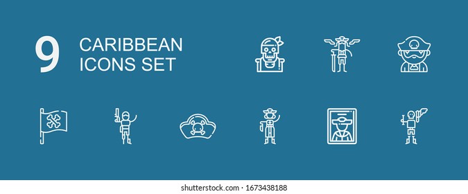 Editable 9 caribbean icons for web and mobile. Set of caribbean included icons line Pirate, Pirates, Pirate flag on blue background
