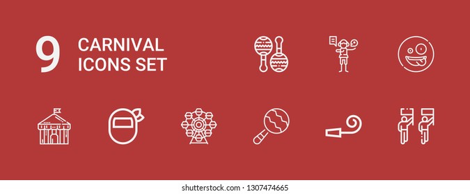Editable 9 carnival icons for web and mobile. Set of carnival included icons line Parade, Party whistle, Maraca, Ferris wheel, Mask, Circus, Surprised, Acting on red background