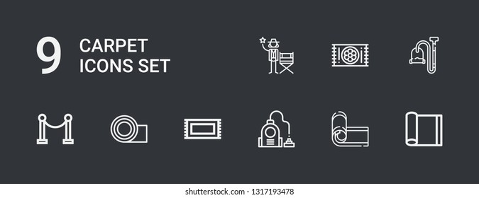 Editable 9 carpet icons for web and mobile. Set of carpet included icons line Yoga mat, Vacuum, Rug, Red carpet, Actor on dark background
