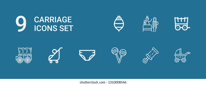 Editable 9 carriage icons for web and mobile. Set of carriage included icons line Stroller, Rattle, Rattles, Diaper, Carriage, Birth, Spinning top on blue background