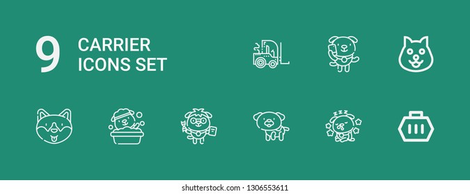 Editable 9 carrier icons for web and mobile. Set of carrier included icons line Carrier, Dog, Forklift on green background