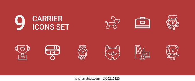 Editable 9 carrier icons for web and mobile. Set of carrier included icons line Dog, Forklift, Collar, Pet, Carrier on red background