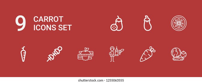 Editable 9 carrot icons for web and mobile. Set of carrot included icons line Vegetables, Feeder, Diet, Carrot, Vegan food, Aubergine on red background